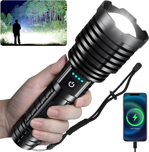 Miniatura 8 de baibian Linternas de alto lúmenes, 100,000 lúmenes, linterna súper brillante, recargable de mano, impermeable, tácticas, linternas LED, 5 modos