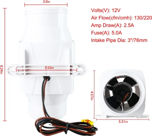 Miniatura 3 de YaeMarine Ventilador en línea de 3 pulgadas 12 V en línea soplador de aire de sentina marina eléctrico 130 CFM blanco para barco marino