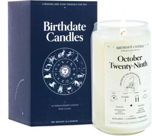 Miniatura 169 de Velas con fecha de nacimiento, 28 de octubre, velas perfumadas del zodiaco de Escorpio, regalo de cumpleaños, aroma a bergamota, canela y caoba