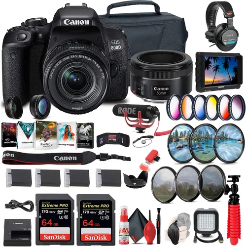 Canon Cámara DSLR EOS Rebel 800D / T7i con lente STM 18-55 4-5.6 is (1895C002) + monitor 4K + lente Canon EF de 1.969 in + micrófono + auriculares +