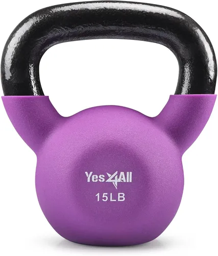 Yes4All Pesas rusas, pesas rusas de hierro fundido recubiertas de neopreno de 5-65 LB, asa de agarre ancho y fondo plano para balanceos, D. 15