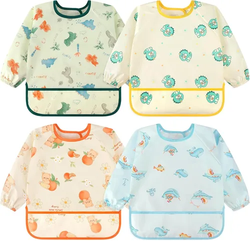 Miniatura 13 de Accmor 4 Pack Long Sleeve Bibs, Baby Smock Waterproof Sleeved Bib Smock for Baby Toddler 6-36 Months Dinosaurio azul/cerdo naranja/alce
