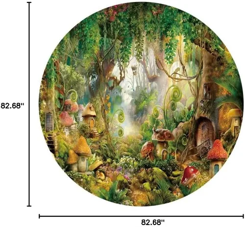 Miniatura 7 de AOFOTO Cubierta de fondo redonda de bosque encantado de 7 x 7 pies, diseño de selva mágica, cuento de hadas, setas, casa de árbol, fantasía, país