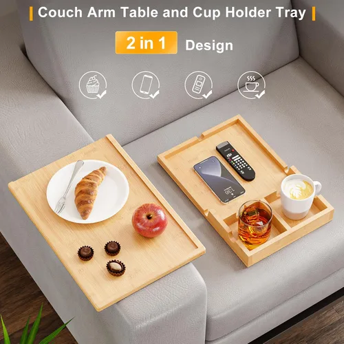 Miniatura 3 de Bestjing Bandeja de bambú para portavasos de sofá – 2 en 1 con soporte doble desmontable Be Slide-Away – Sofá sillón Caddy para beber aperitivos