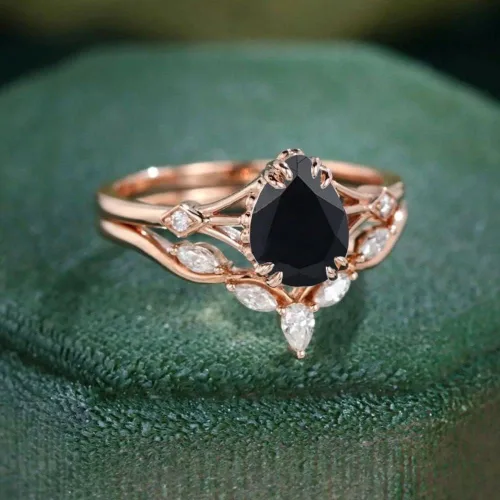 Miniatura 5 de Ssjewel 2 Ct Pear Cut Diamond Black Onyx Unique Nature Inspire Floral Bridal Engagement Ring For Women 14K Rose Gold Plated Stacking Band Sterling