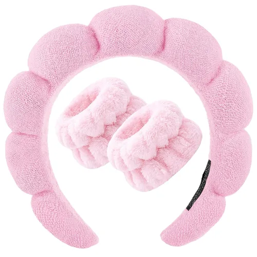 Miniatura 20 de Zkptops Diadema de Spa para Lavar la Cara Muñequera Esponja Maquillaje Cuidado de la Piel Diadema de Tela de Rizo Burbuja Suave Prepárate Diadema