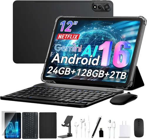 Tablet N90 Android 16, tableta de 12 pulgadas 2K FHD+, tableta Android con teclado, WiFi 5G, 24GB+128GB/2TB, identificación facial, 9000 mAh, 4 años