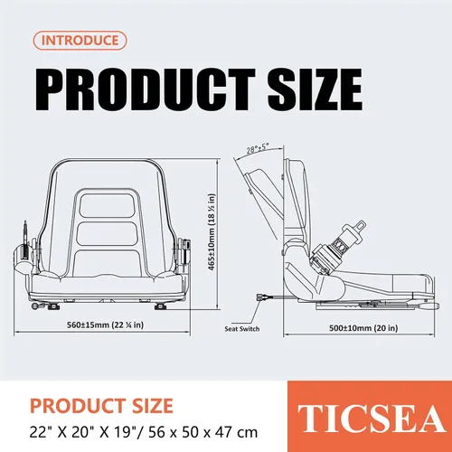 Miniatura 8 de Asiento universal de carretilla elevadora, asiento de tractor con cinturón de seguridad, respaldo ajustable e interruptor de posición del operador