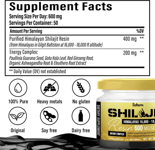 Miniatura 6 de Satoomi Shilajit - Resina orgánica del Himalaya - Suplemento Shilajit de 1.06 oz con más de 85 minerales traza, Paullinia Guaraná, Gotu Kola y más
