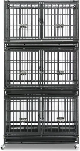 Miniatura 15 de Homey Pet Paquete de 2 jaulas apilables de tres niveles de 43 pulgadas para perros con ruedas, jaula de acero indestructible para perros