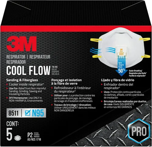 3M 8511 Respirador con válvula de flujo frío N95 de lijado y fibra de vidrio, aprobado por NIOSH, alivio del polvo y ciertas partículas durante el