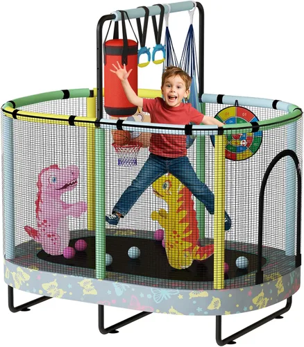 Miniatura 11 de LAMERGE Trampolín redondo 7 en 1 de 55 pulgadas para niños y niñas de 1 a 8 años, trampolín para interiores y exteriores para diversión, barandilla
