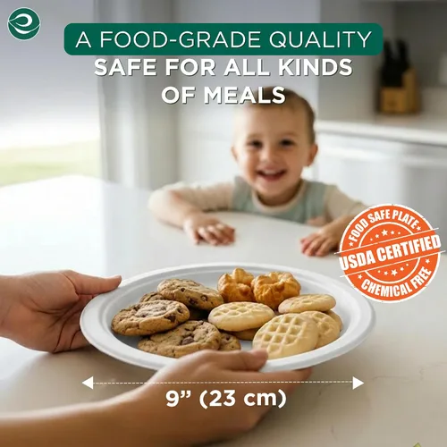 Miniatura 2 de ECO SOUL Compostable Paper Plates 9 Inch, 500 Pack – Heavy Duty Disposable Dinner Paper Plates, White Bagasse, Leak-Resistant, Microwave Safe