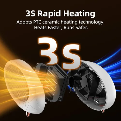 Miniatura 4 de Calentador de escritorio de 600 W pequeño con protección contra sobrecalentamiento y caídas, calentamiento rápido en cerámica PTC para uso en Blanco