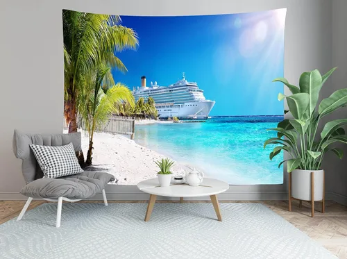 Miniatura 3 de Loccor Tapiz de crucero con diseño de palmera del mar caribeño, coral, playa, tapiz para colgar en la pared, isla tropical, sol, verano, vacaciones