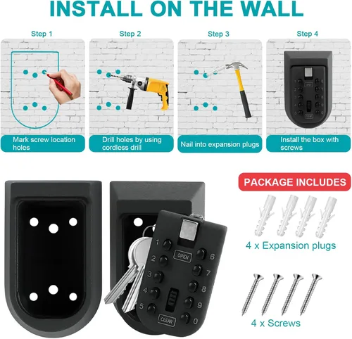 Miniatura 4 de KAYCROWN Caja de bloqueo de llave para exterior, combinación de montaje en pared, caja de seguridad para llaves de casa, caja de seguridad