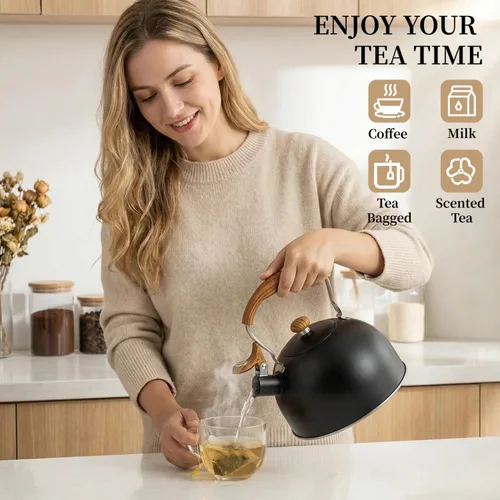 Miniatura 6 de Tetera para estufa, hervidor de té silbante de 2.5 cuartos de galón, estufa de acero inoxidable de grado alimenticio con mango plegable de madera