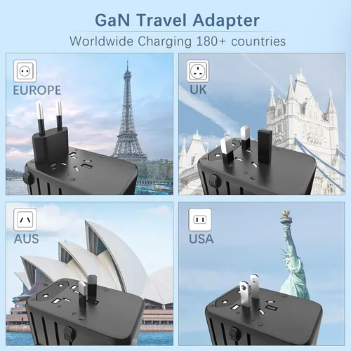 Miniatura 3 de Adaptador de viaje internacional de 120 W, adaptador de corriente mundial 4USB-C y 1USB-A, cargador rápido GaN con enchufes de Reino Unido UE AU EE.