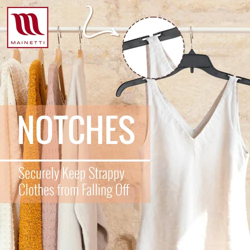 Miniatura 2 de Mainetti 485 - Ganchos de plástico negro con garfio giratorio de metal y muescas para tirantes, ideal para camisas, tops y vestidos, miden 38 cm