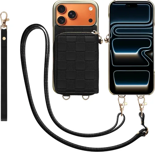 Miniatura 75 de Funda tipo cartera para iPhone 15 de 6.1 pulgadas, bolso cruzado con cremallera y correa para la muñeca con cordón para mujer, tarjetero con bloqueo