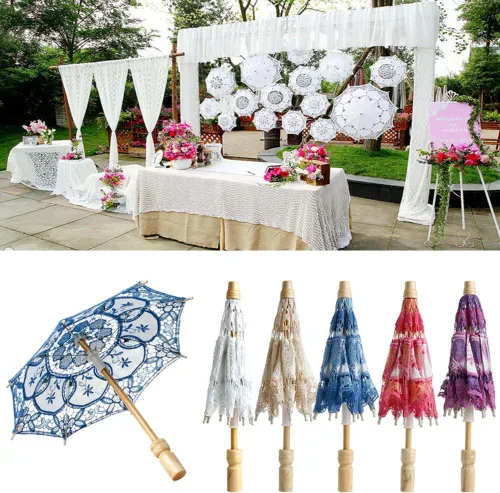 Miniatura 3 de MEXUD Paraguas bordado de encaje para decoración nupcial de fiesta de boda (beige)