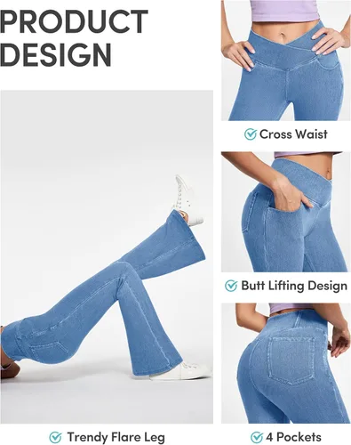 Miniatura 4 de IUGA Jeans de Cintura Alta Acampanados para Mujeres, Jeans Elásticos Acampanados Pull On de Pierna Ancha, Pantalones Leggings Acampanados con Cruz