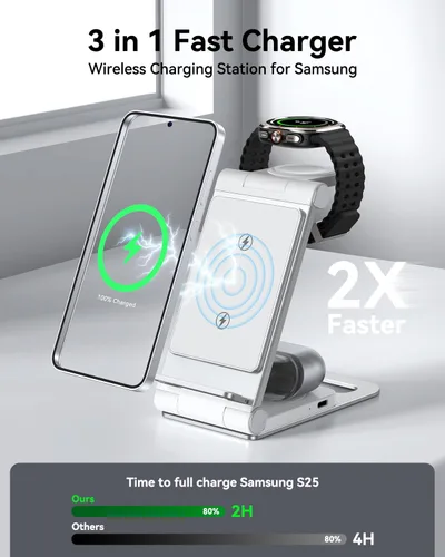 Miniatura 2 de Cargador inalámbrico para Samsung Estación de carga inalámbrica 3 en 1 Soporte de cargador inalámbrico plegable para Galaxy S25 S24 S23 S22 S21 Gris