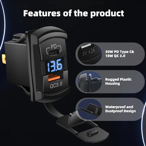 Miniatura 6 de CNAODUN Interruptor basculante USB con cargador USB C y cubierta impermeable, Dual PD y QC3.0, voltímetro LED azul de 12V/24V para panel