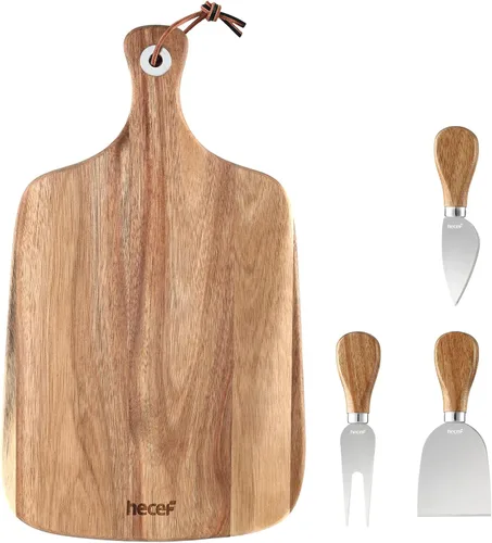 Miniatura 10 de hecef Juego de 3 tablas de queso, un plato de queso de madera de acacia, un cuchillo, un tenedor, plato de charcutería, juego de pizarra para servir