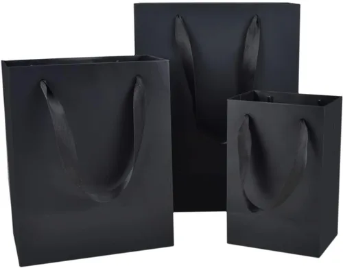 HUAPRINT Paquete de 30 (10 juegos) bolsas de papel negras con asas, tamaños mixtos de 5.25 x 3.75 x 8 pulgadas, 8 x 5 x 10 pulgadas y 10 x 5 x 13