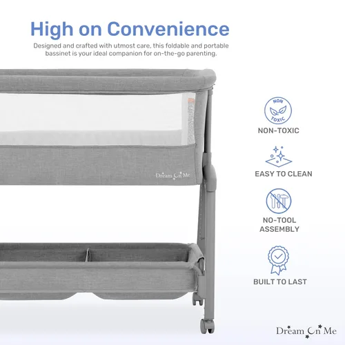 Miniatura 4 de Dream On Me Calypso - Moisés portátil con ruedas, altura ajustable, moisés plegable para bebé con laterales de malla transpirable, colchón de Gris