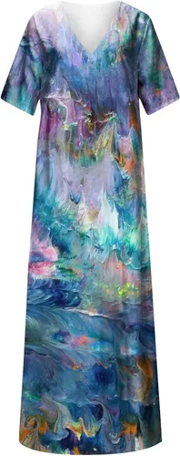 Miniatura 4 de ADHOWBEW Vestido midi de manga corta con cuello en V floral para mujer, talla grande, con bolsillos