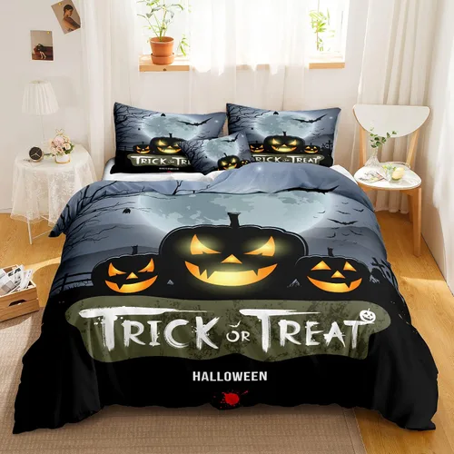 Miniatura 44 de Juego de funda de edredón de calabaza para Halloween, divertido diseño de calabaza malvada, color negro, juego de ropa de cama Tiwn 1 funda