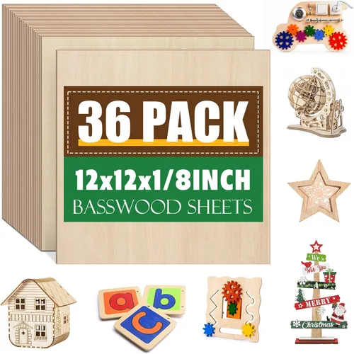 Paquete de 36 hojas de tilo de 12 x 12 pulgadas, madera sin terminar para manualidades, tilo para corte y grabado láser, burinería de madera, hojas