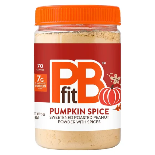PBfit Polvo de mantequilla de maní con sabor a calabaza especiada de 15 onzas, untado de mantequilla de maní en polvo de maní asado real, 7 g de
