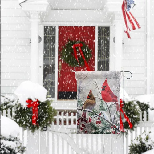 Miniatura 7 de Banderas de jardín de cardenal rojo de invierno para Navidad, para exteriores, 12x18, doble cara, pájaros rojos en la rama de un árbol, bandera