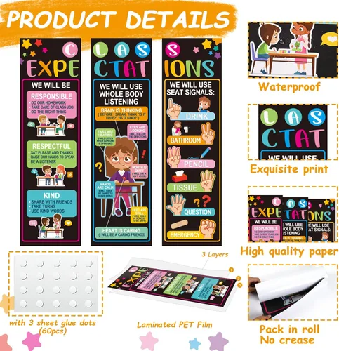 Miniatura 3 de Póster gigante de 3 piezas de expectativas de clase para decoración de aula, reglas de clase, póster de pared, carteles educativos de regreso a