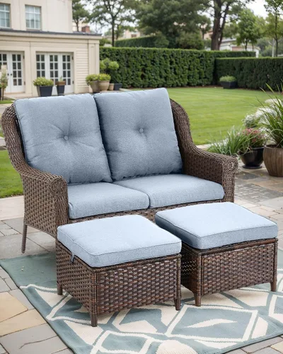 Miniatura 5 de Sofá de mimbre para patio, sofá de mimbre para exteriores, resistente para todo tipo de clima, sofás para 2 personas con respaldo alto y cómodos