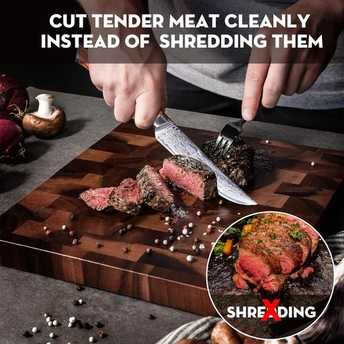 Miniatura 3 de Juego de 6 cuchillos para carne Damasco Premium no dentados con mango de madera de olivo natural, cuchillas de acero japonés de borde recto de 67