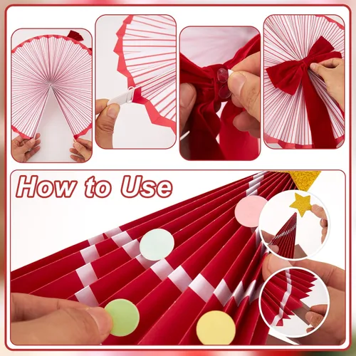 Miniatura 3 de Decoración de abanico de papel de Navidad, decoraciones de sombrero de Papá Noel, divertidos abanicos de papel colgantes rojos con estrellas doradas