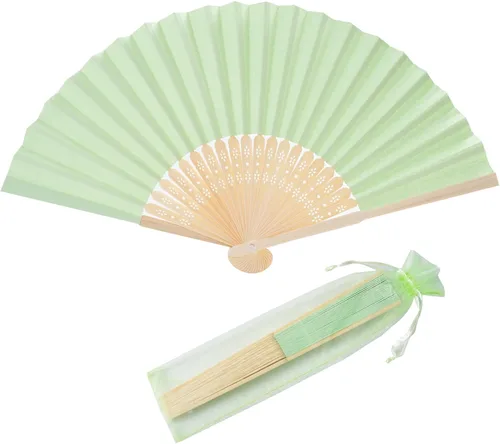 50 piezas de abanico de mano de papel con bolsas de organza, abanico plegable de bambú de mano, abanico para bricolaje, decoración para bodas y