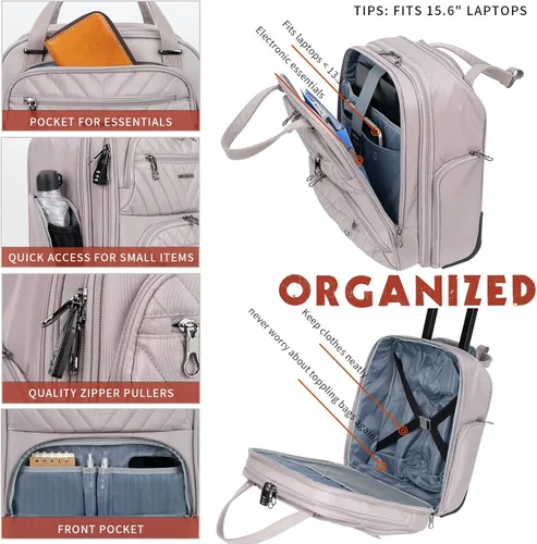 Miniatura 4 de KROSER Maleta de mano para debajo del asiento, multifuncional, 16 pulgadas, ligera, para mujer, rosa gris