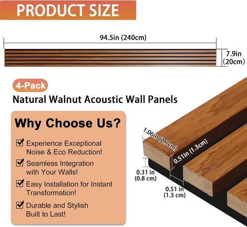 Miniatura 2 de QDYMXUN Paneles de pared acústicos de listones de madera, paquete de 4 paneles de 94.5 x 7.9 pulgadas, paneles 3D de absorción de sonido estriados