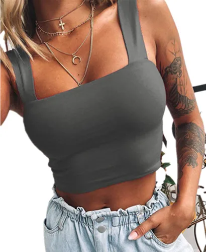 Miniatura 2 de Wsirmet Blusa corta sin mangas para mujer, sin mangas, cuello cuadrado, delgada, básica, lisa, corta