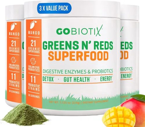 Miniatura 10 de GoBiotix Polvo súper verdes y polvo súper rojos: Superalimento vegano rojo y verde sin OMG + probióticos, enzimas, alimentos integrales orgánicos