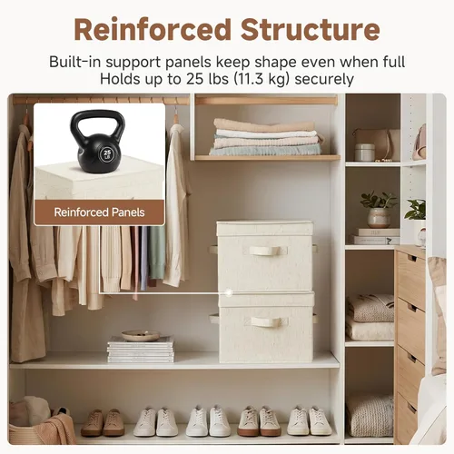 Miniatura 7 de StorageWorks Contenedores de almacenamiento de tela con tapa, cajas de almacenamiento decorativas para estantes, cesta organizadora de armario Beige