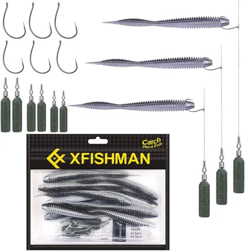 Miniatura 8 de Aparejos de pesca de gusanos de plástico suave para lubina, gusanos de goma de 4 pulgadas, gusanos locos, cebos de cola recta, kit de 22 piezas