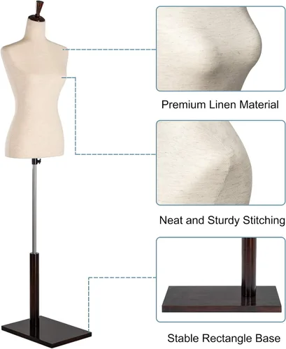 Miniatura 4 de VINGLI Forma de vestido femenino, cuerpo de torso de maniquí con soporte de madera ajustable para diseño de ropa, maniquí pinable (blanco, 2-4)