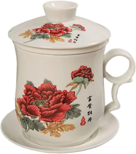 Miniatura 4 de Práctico sistema de preparación de té de hojas sueltas para oficina de viaje, juego de 4 piezas con tapa de taza de té y platillo, flores de peonía