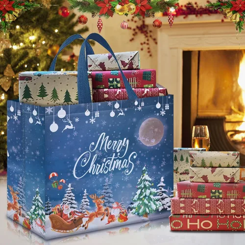 Miniatura 6 de AhfuLife 12 piezas bolsas de regalo de Navidad extra grandes, 15.7'' x 14.2'' x 5.9'', bolsas tipo tote de Navidad con asas, bolsa de compras B: 12